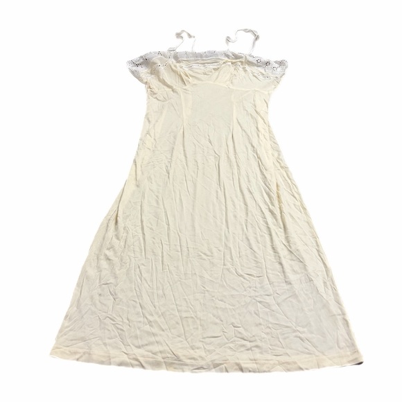 60s/70s European Vintage Silky Embroidery Lace Midi Slip Dress Yellow/White M/L